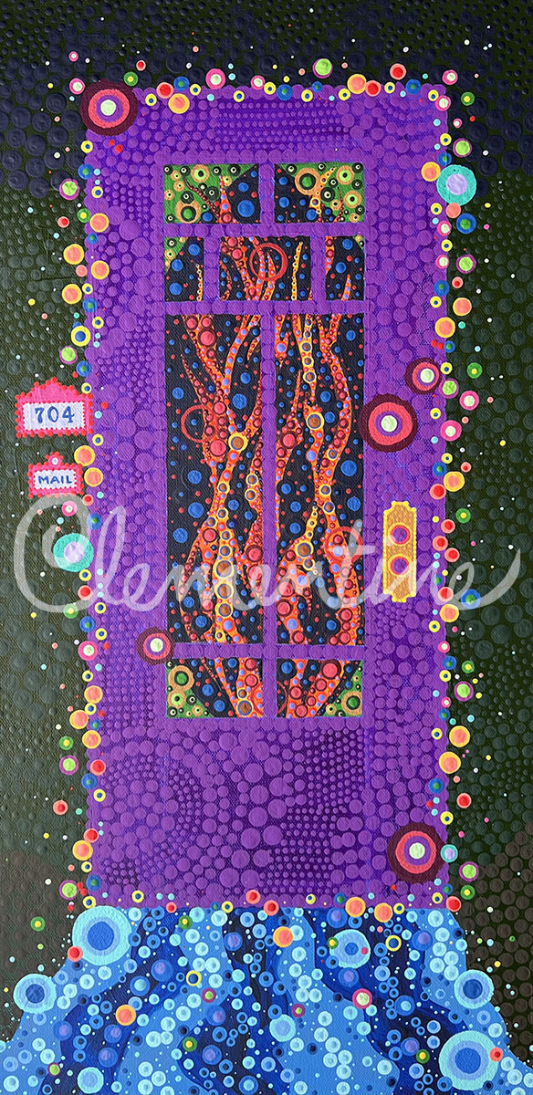 704, stylized painting of a door with number 704 and a mailbox.