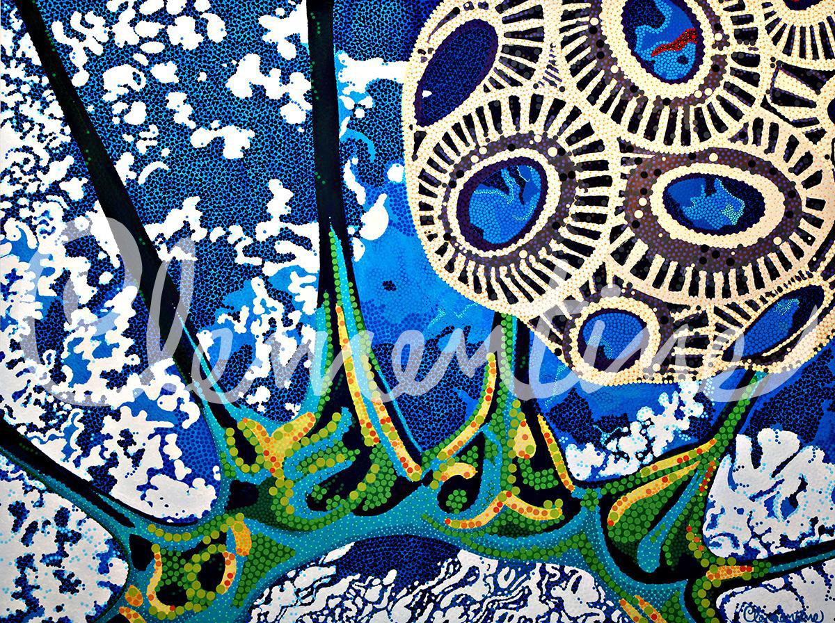 Abstract dot painting with blues and greens.