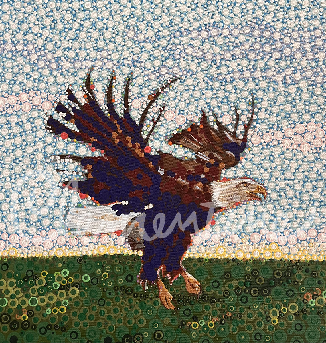 A painting of a bald eagle landing.
