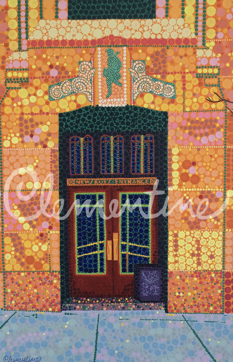 Painting of an art deco style building with the words News Boys Entrance.