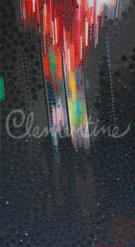 Abstract painting with a dark background and multicolored beams, all done in dots.