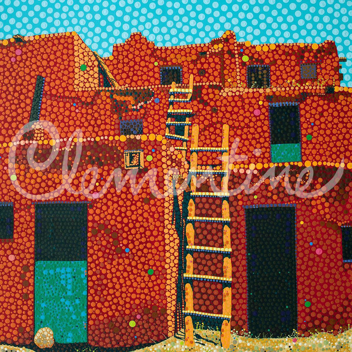 Adobe red Pueblo home with a blue sky, painted with dots.