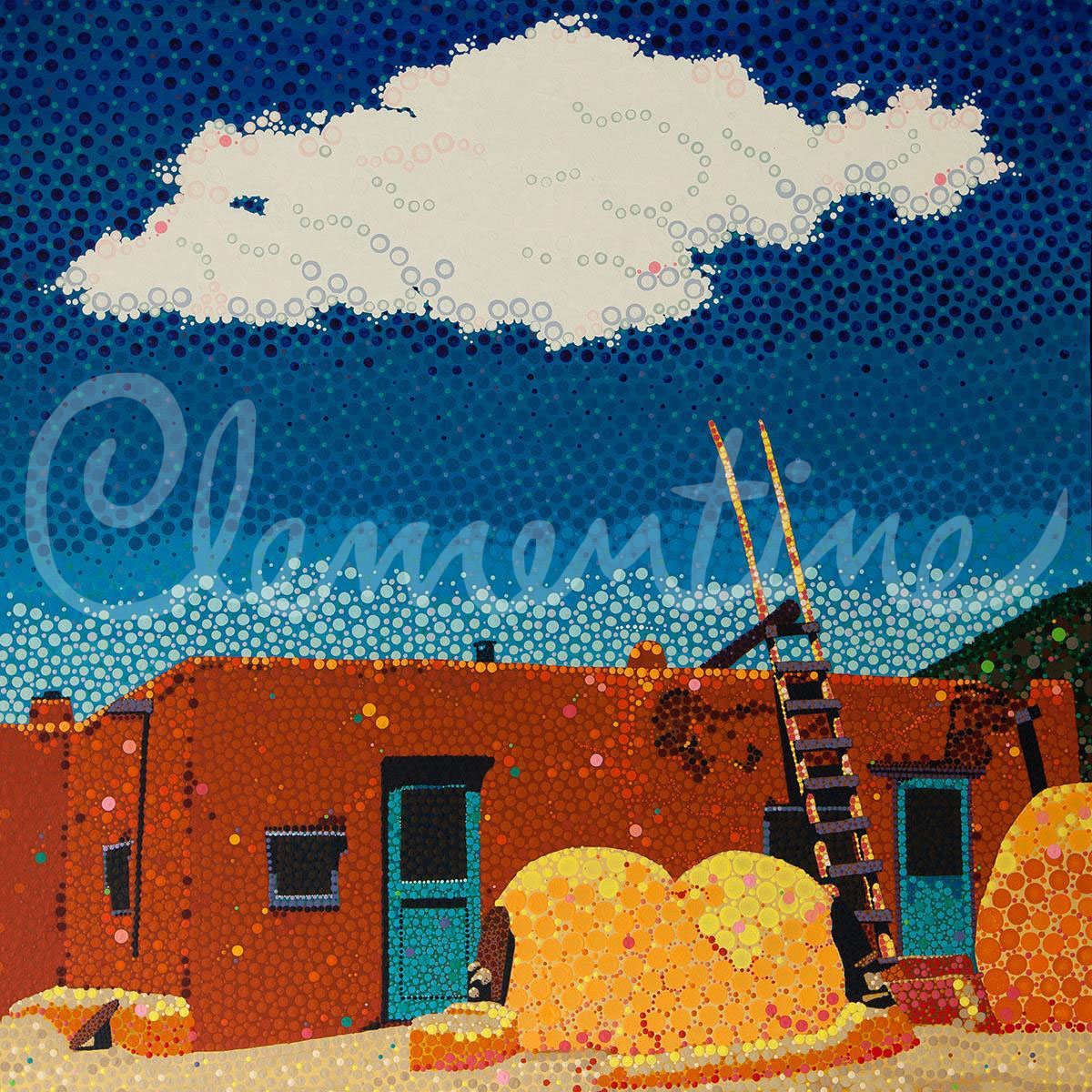 Adobe red Pueblo, blue sky and cloud, painted with dots.