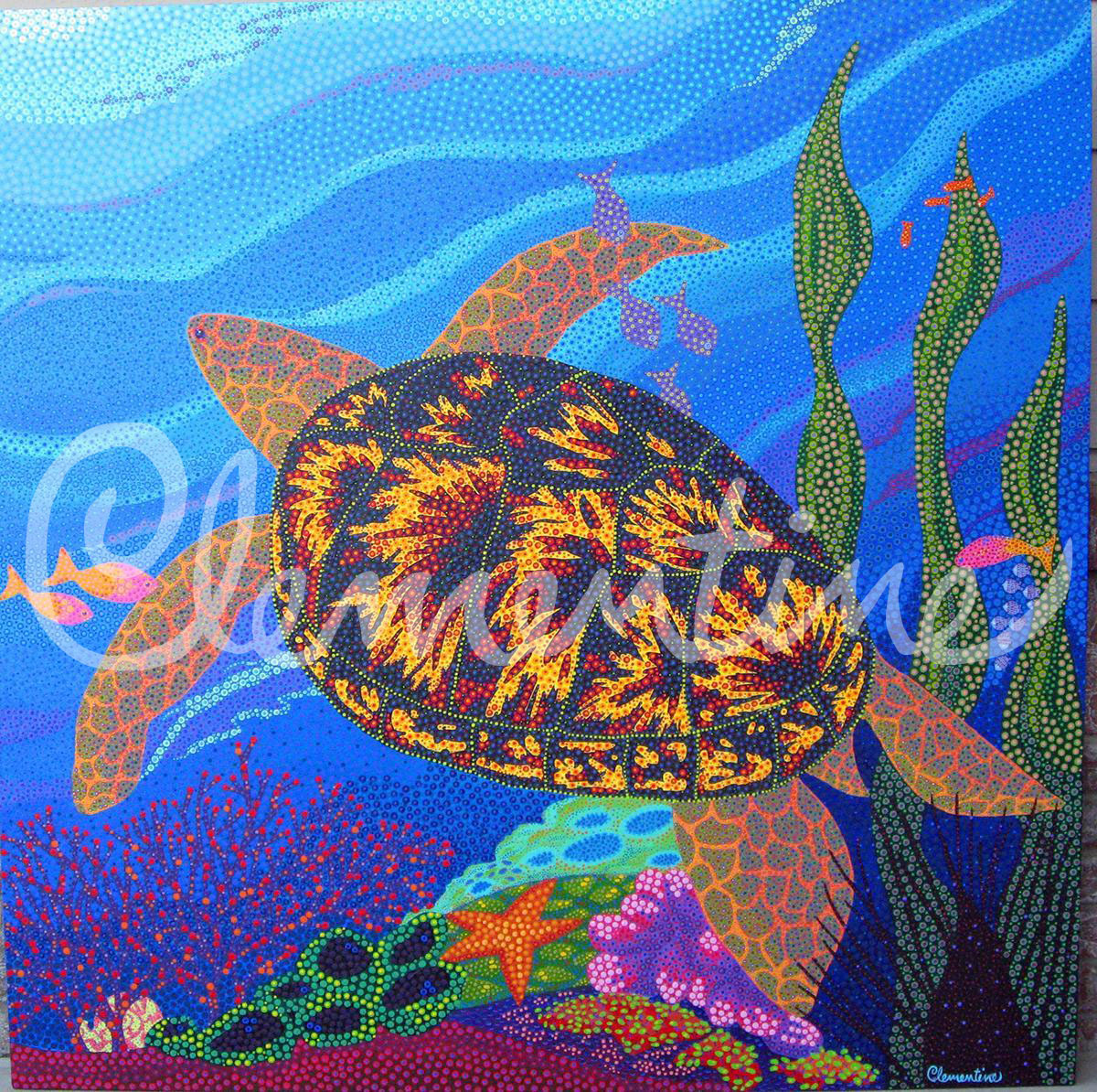 Sea turtle swimming, painted with dots.